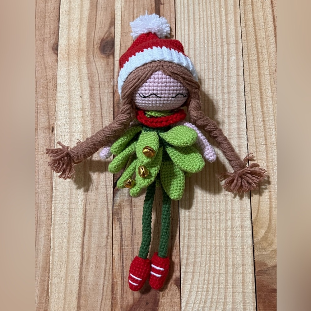 Handmade Crochet Doll with Red and Green Outfit